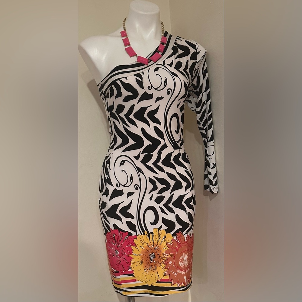 ANALILI Black White Abstract Floral One Shoulder Neck Line Body Con Dress Sz S - Picture 4 of 15